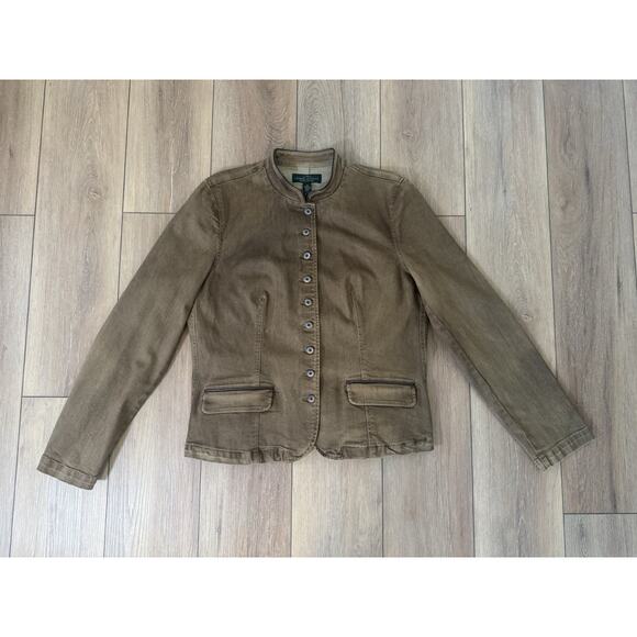 Ralph Lauren RLR Stretch Denim Jacket Camel SZ 16 Sheep Leather Trim Mandarin - Picture 15 of 16